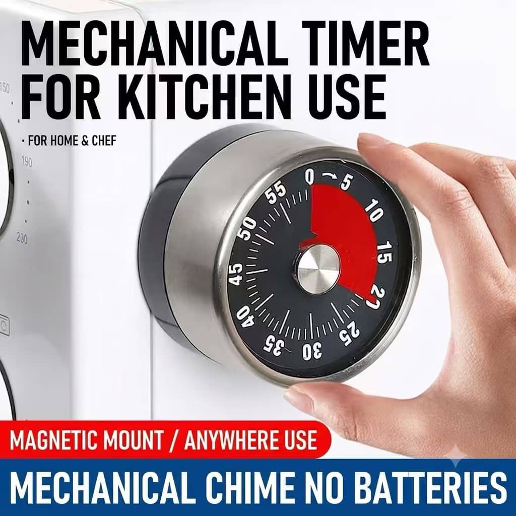 Stainless Steel Mechanical Kitchen Timer – 60-Minute Wind-Up Cooking Alarm